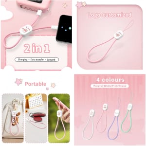 A pink 2-in-1 charging phone strap with a logo, available in purple, white, pink, and green.