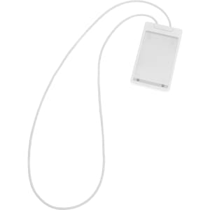 A white ABS retractable card holder with a silicone strap, featuring a clear plastic pouch and a branding logo.
