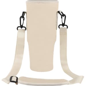 A drink bottle carrier bag in beige with adjustable straps and clips for easy transport.