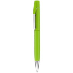 A green pen with a silver clip, featuring a sleek design and a shiny finish. It has a branding logo.