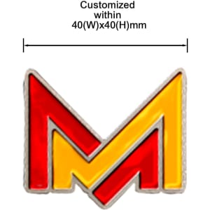 A 40mm custom soft enamel golf ball marker featuring a vibrant red and yellow design with a metal outline.