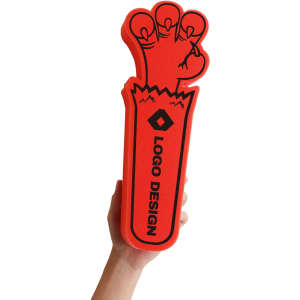 A red foam cheer stick shaped like a hand with fingers raised, featuring a logo design on the side.