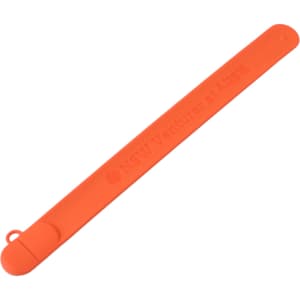 An orange silicone slap band flash drive featuring a rounded end and a logo.