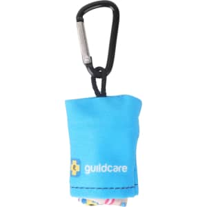 A blue microfibre lens cloth with a carabiner, featuring a logo, neatly folded for storage.