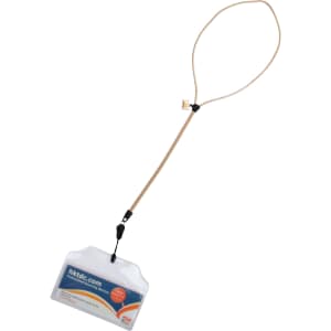 A beige zipper lanyard with a clear PVC tag attached, featuring a branding logo.