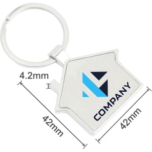 A silver house-shaped metal keyring with a circular attachment and a logo. Dimensions are 42mm by 42mm.