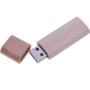 A rounded wooden flash drive in light timber, featuring a removable cap and a USB connection.