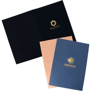 A4 presentation folder set featuring a navy blue, black, and copper design with logos.