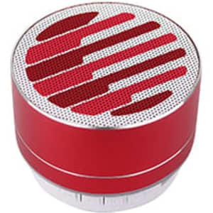 A red metal Bluetooth speaker with a textured circular top and control buttons at the base, featuring a logo.