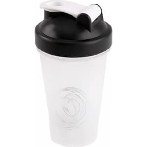 A drink bottle with a black lid and white body, featuring a logo and a flip-top spout, suited for fitness use.