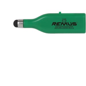 A green stylus flash drive with a rounded tip, featuring a logo on its side.