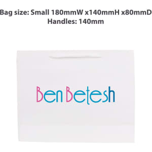 A small white paper bag with a colourful logo and a rope handle, measuring 180 x 140 x 80 mm.