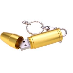 A gold waterproof bullet flash drive with a keychain attachment, featuring a removable cap.