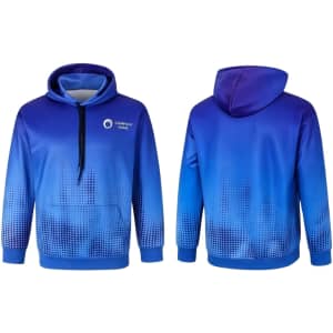 A unisex hoodie in gradient blue with a pocket and a logo on the front. Features a drawstring hood.