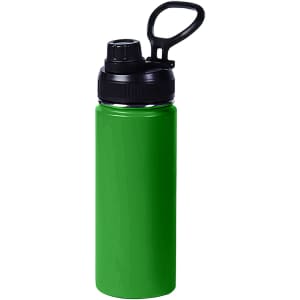 A drink bottle in bright green stainless steel with a black screw cap and carry handle.
