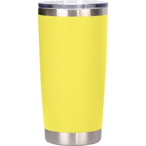 A drink bottle in bright yellow with a stainless steel base and a clear lid. It features a logo on the surface.