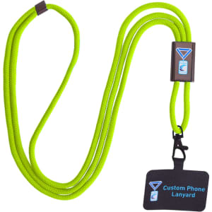 An adjustable lime green phone lanyard with a metal buckle and a card holder attachment.