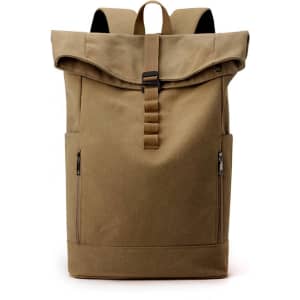 A vintage canvas roll-top backpack in a khaki colour, featuring a front closure and side zip pockets.