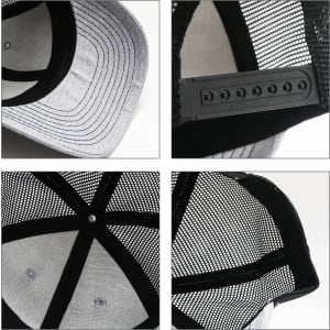 A grey mesh back trucker hat featuring a black visor and adjustable strap, showcasing interior details and stitching.