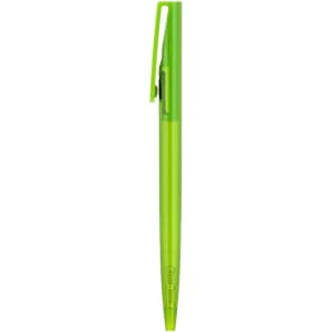 A plastic pen with a transparent green barrel and clip, featuring branding.