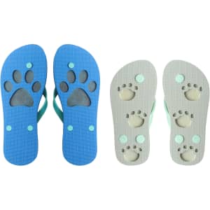 Rubber thongs in blue and grey featuring a paw print design on the soles, with green accents.
