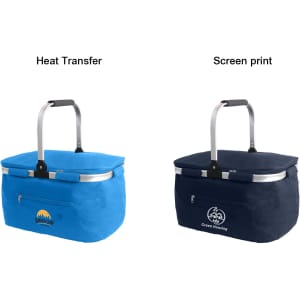A blue picnic cooler basket and a navy cooler basket, both with handles and logos.