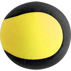 A round ball featuring a bright yellow surface with a black section, designed for water play.