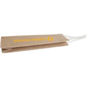 A jute wine carrier in natural beige with white handles and a branding logo.