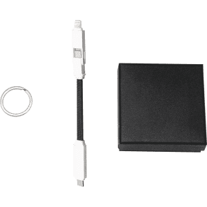 A 60W 3-In-1 ABS charging cable in white, accompanied by a metal keyring and a black box packaging.