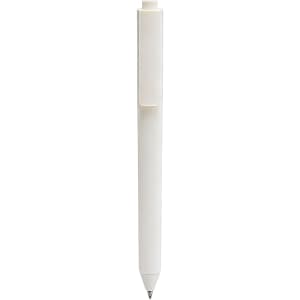 A triangular grip pen in white with a clip at the top and a ballpoint tip at the bottom.
