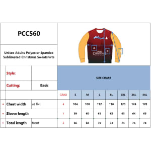 A selection of unisex Christmas sweatshirts in various colours, featuring a size chart and product details.