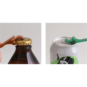 A drink bottle opener in orange, and a can opener in green, both positioned over bottle and can tops.