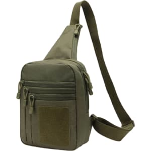 A tactical sling bag in olive green with multiple zippered pockets and an adjustable strap. It features a small Velcro patch area.