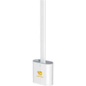 A silicone toilet brush in white with a grey base, featuring a logo on the front.