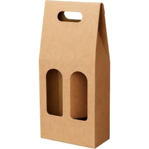 A drink bottle portable wine box made of brown cardboard, featuring two cut-out slots and a handle.