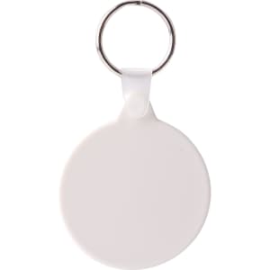 A round hard plastic keyring in white with a metal keyring attachment. It features a smooth, plain surface.