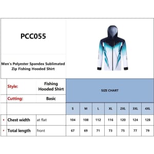 A hooded fishing jacket in shades of blue and white, made from 100% polyester with a logo.