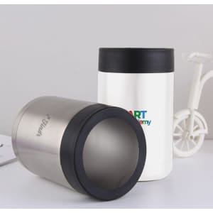 A 14oz stainless steel stubby holder in silver and white, featuring a black lid and a logo.
