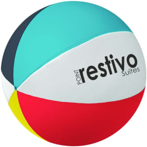 A multicoloured beach ball shaped stress reliever featuring blue, red, yellow, and white sections, with a branding logo.