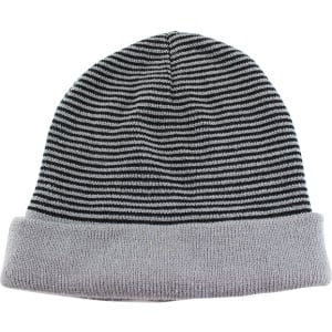 A knitted beanie in grey and black stripes, featuring a folded cuff and a branding logo.