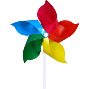 A five-leaf pinwheel featuring red, blue, green, and yellow blades on a white pole, with a central hub.