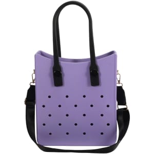 A purple EVA tote bag with black handles and holes for ventilation, featuring an adjustable black shoulder strap.
