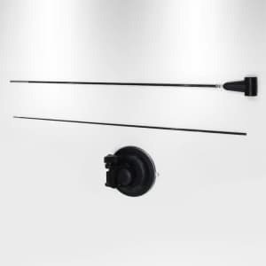 A teardrop suction cup flag in black, featuring a pole and a base for attachment. Includes a branding logo.