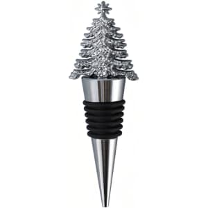 A drink bottle stopper shaped like a silver Christmas tree with a black rubber base, featuring a logo.