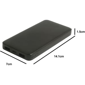 A black power bank with full colour print measures 14.1cm x 7cm x 1.5cm, featuring two USB ports and a logo.