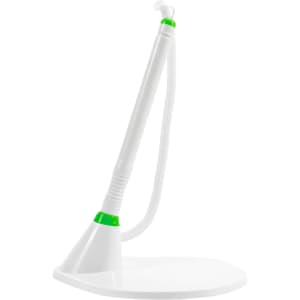 A white pen with a green accent on a fixed stand, featuring a flexible hose attachment.