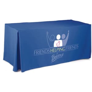 A blue 8ft tablecloth with pleated sides and a logo featuring stylised figures and text.