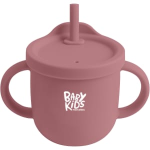 A drink bottle in a soft pink colour with a straw, two handles, and a logo on the front.
