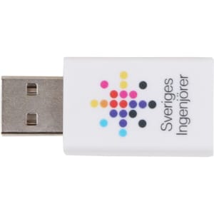 A white USB data blocker featuring a colourful dot design and a small logo on one side.