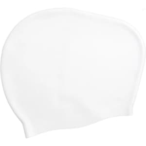 A silicone swim cap in white, designed for women with long hair, featuring a smooth and flexible texture.